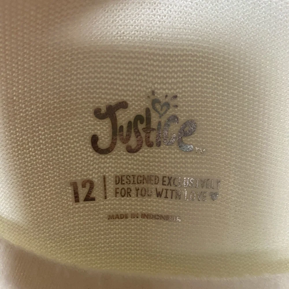 Justice “believe the hype” white fuzzy sweater